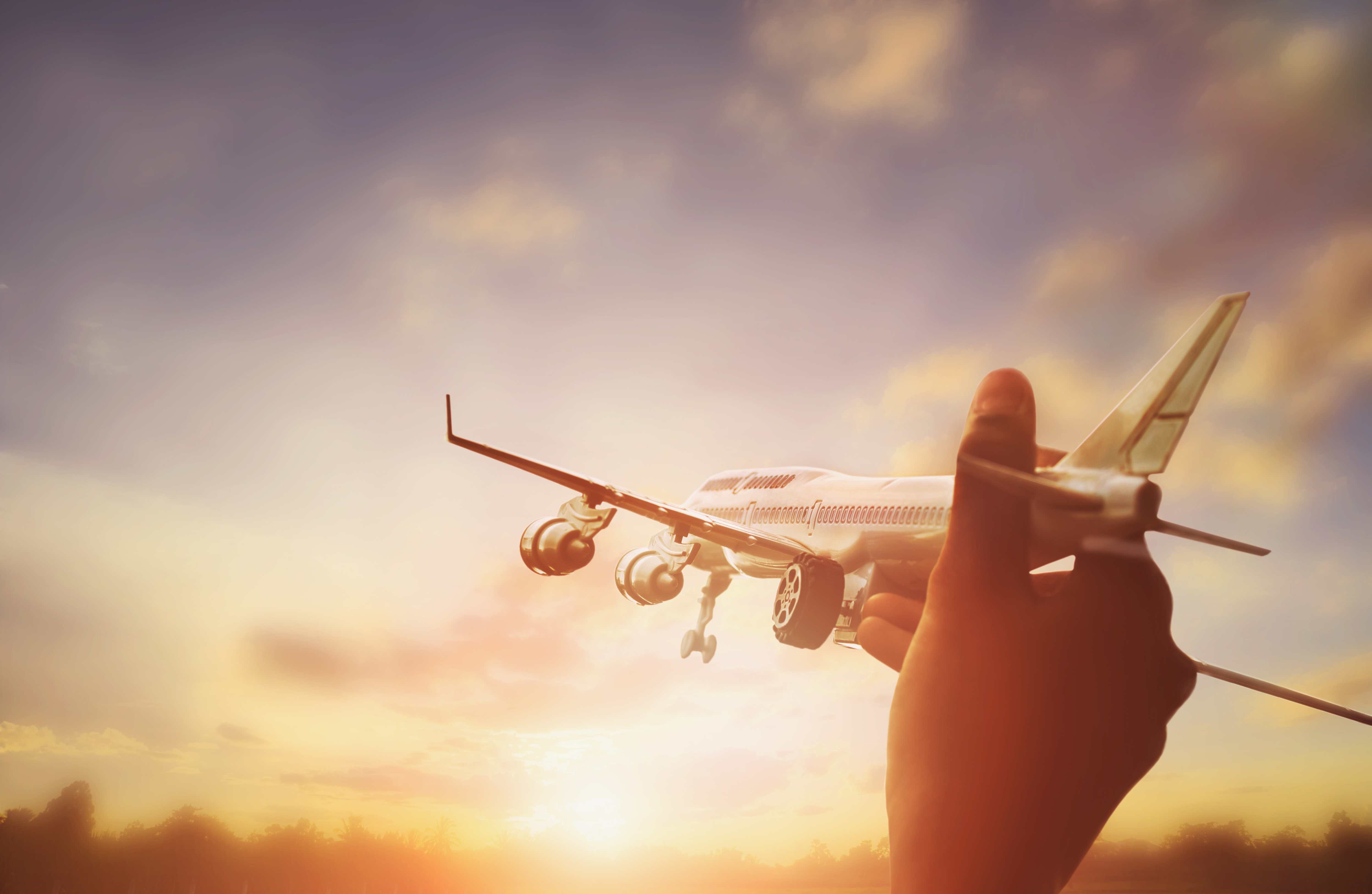 close up photo of man's hand holding toy airplane and sunset background