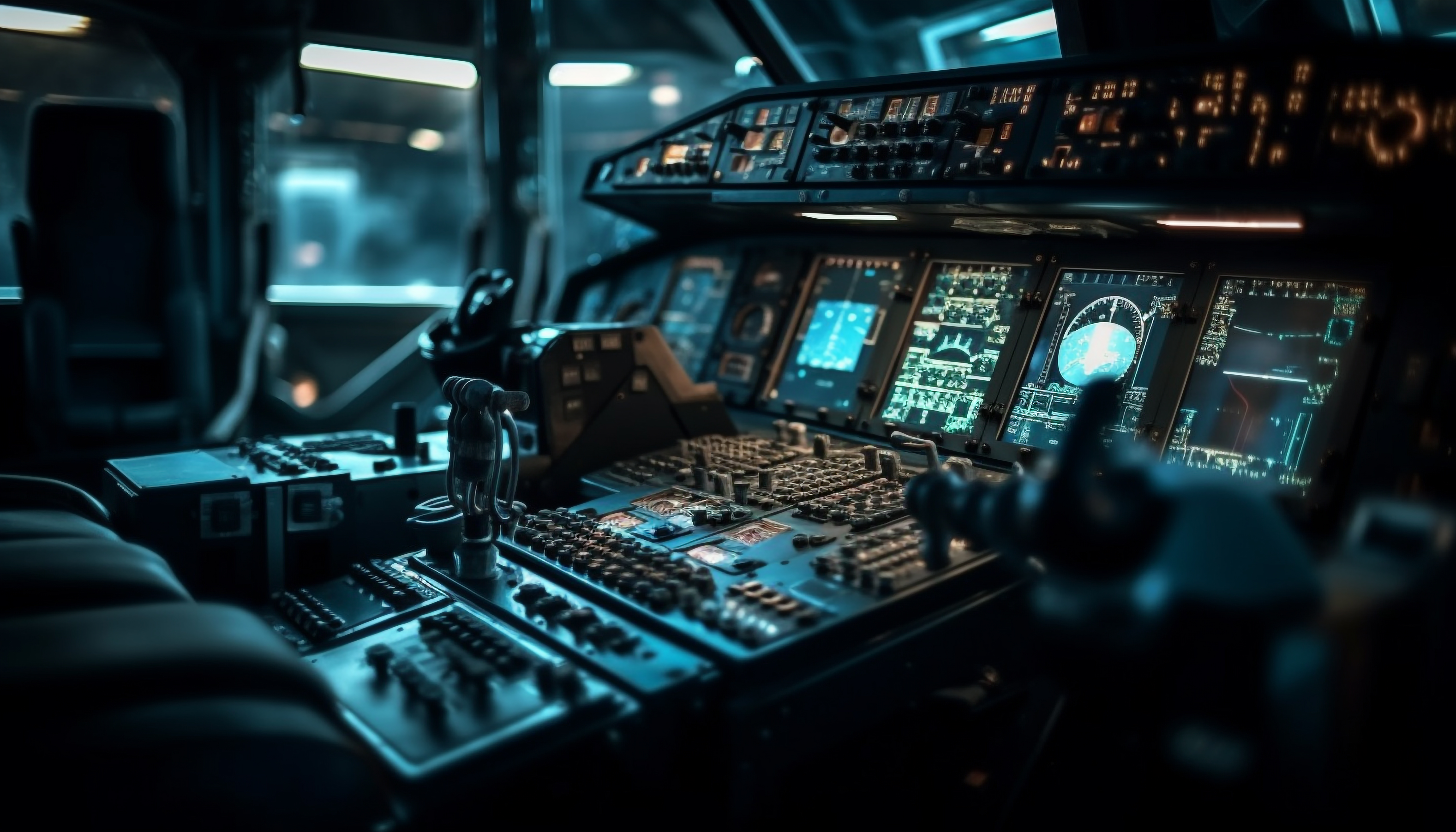 Nighttime cockpit of commercial airplane with illuminated control panel and speedometer generated by artificial intelligence